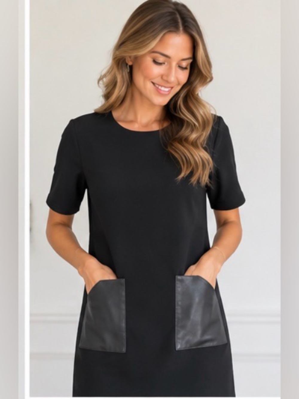 Polo Ralph Lauren Black Shift Dress Lamb Leather Pockets Size 8 old money modern